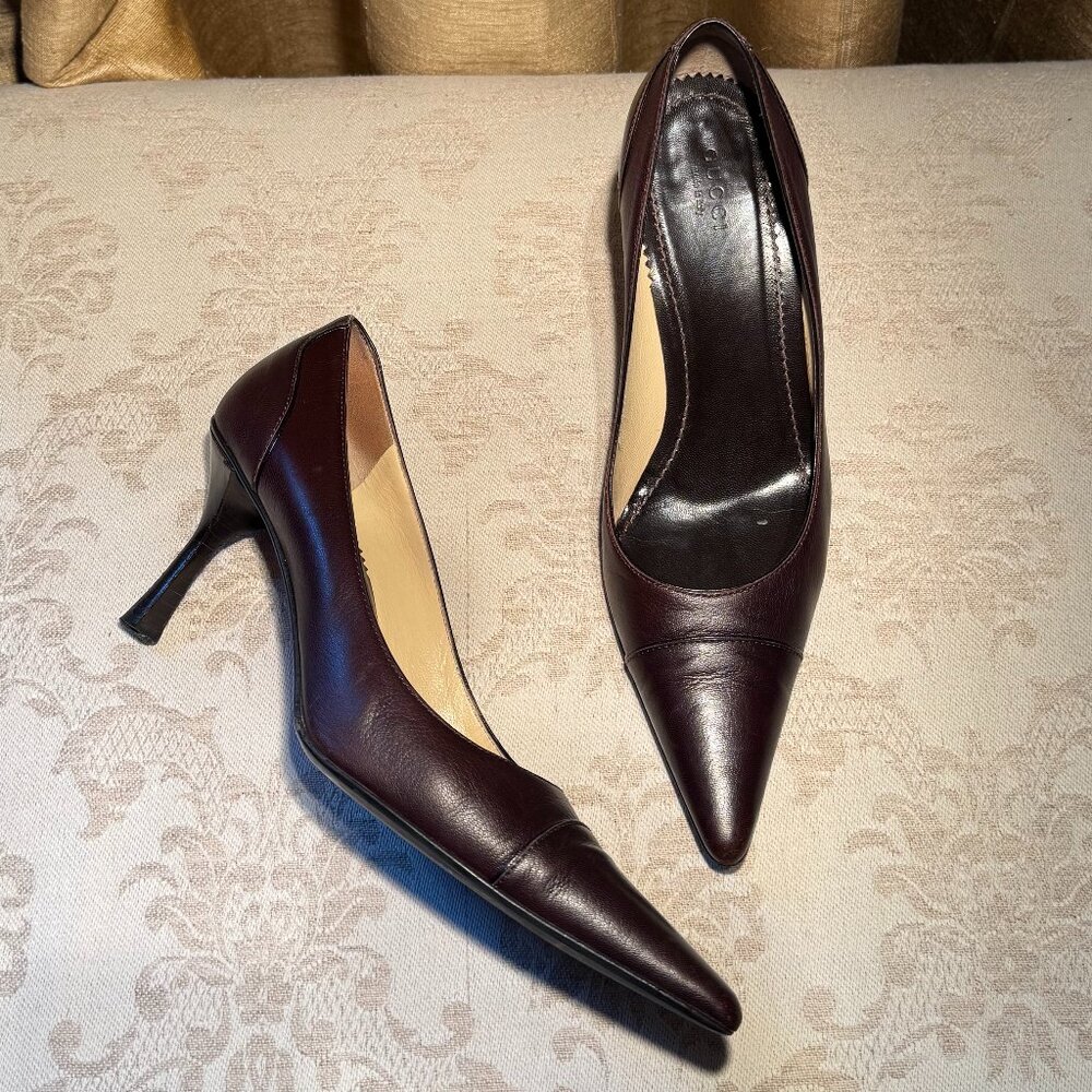 Gucci 115157 Brown Leather Pumps Pointed Toe Size 7.5 Shoes - Picture 3 of 16
